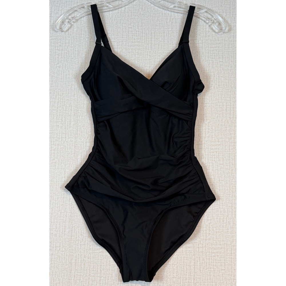 DKNY Womens Black Ruched One Piece Swimsuit Wrap Front V-Neck •S• Resortwear - Picture 2 of 7